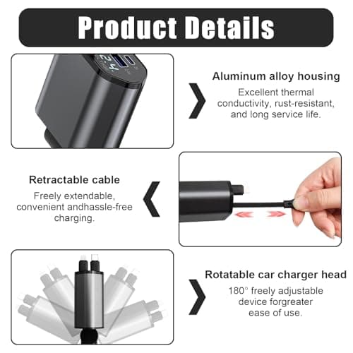 Retractable Car Charger, 4-in-1 Car Phone Charger 120W Fast Charge with 2 Retractable Cables and 2 USB Ports, Multi-Device Car Phone Charger Adapter for Cars, Trucks and Vans, Multifunctional — view 3