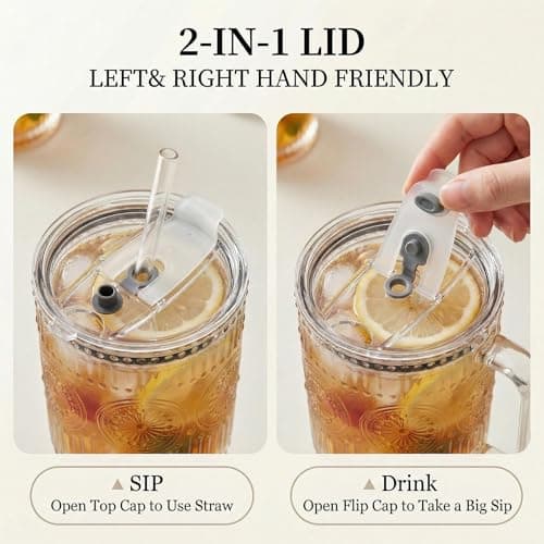 1ZIZIFA8 750ml Glass Tumbler with Lid & Straw, 2 Pack - Ribbed Design with Handle, Large Leakproof Iced Coffee Cup for Smoothies, Matcha, Latte, Bubble Tea & Cold Drinks - Dishwasher Safe — view 6