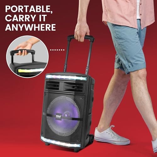 Pyle Portable Bluetooth PA Speaker System - 600W Bluetooth Speaker Portable PA System w/Rechargeable Battery 1/4" Microphone In, Party Lights, MP3/USB SD Card Reader, Rolling Wheels — view 6