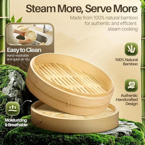 Flexzion Bamboo Steamer Basket Set (10 inch), 50 x Steamer Liners and 2 Pairs of Chopsticks, Steam Baskets for DimSum Dumplings, Rice, Vegetables, Fish and Meat — view 2