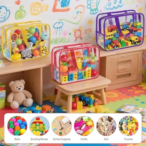 6 Pcs Toy Storage Bags with Handles 11.8x8.7x3.9 Inch-Clear PVC Organizing Bags with Zipper Reusable Waterproof Toy Container-Travel Case Pouch for Building Blocks Puzzle (6 Colors) — view 2