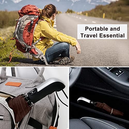 TradMall Travel Umbrella Windproof with 46/56 Inches Large Canopy 10 Reinforced Fiberglass Ribs Ergonomic Handle Auto Open & Close, Brown, 56 Inches — view 6