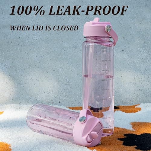 GOPPUS 600ml/20oz Clear Water Bottle with Straw, Tritan Leakproof Sports Drinking Bottle, BPA Free Wide Mouth Gym Bottle with Handle and Measurement Marks for School, Gym, Travel (Pink) — view 5