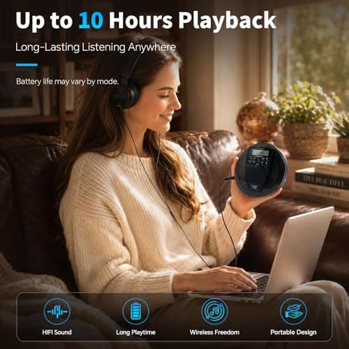 Portable CD Player with Bluetooth and Speaker, 10H Playtime Rechargeable personal CD Player, HiFi Stereo Sound, 60s Anti-Skip Protection, PROG Playback & EQ Modes, Headphones and AUX Cable Included — view 5