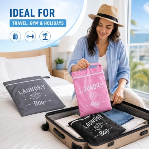 3 PCS Travel Laundry Bag Set, Splash Proof Dirty Clothes Organizer with Zipper and Handle, Portable Laundry Bags for Travelling, Luggage Organizer Bags for Gym & Holiday, 38x48 cm (Pink, Black, Grey) — view 4