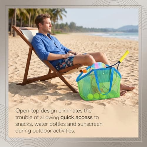 Large Mesh Beach Bag,Beach Toy Bag for Kids,Mesh Beach Bags,Foldable Toys Net Tote Bags Waterproof Lightweight for Sand Storage for Wet Towels Swim Pool Travel Essentials Accessories (40x24x38 cm) — view 2