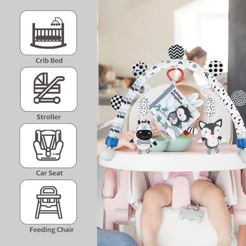 Baby cot Play Activity Arch, Black and White Travel Mobile Bouncer Toy Bar, Stroller and cot Attachment with Hanging Toys (Animal) — view 4