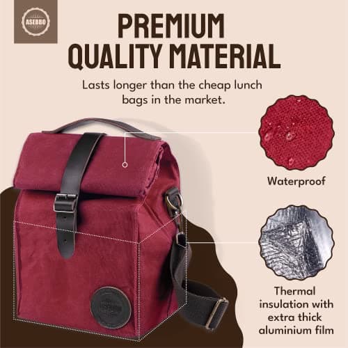 ASEBBO Insulated Lunch Bag for Men, Women - 10L Waxed Canvas Cool Bag with Genuine Leather Handle and Strong Buckle Closure, Reusable Lunch Cooler Bag for Adults Work School Picnic Food (Cherry Red) — view 2