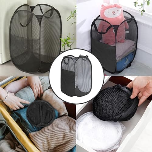 Tyrzol Large Washing Basket Collapsible Mesh Collapsible Washing Basket Pop up Laundry Hamper Basket with Side Pocket Laundry Hampers Mesh Laundry Baskets with Handles for Bathroom College Dorm Black — view 6
