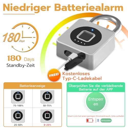 Anweller Padlock, Fingerprint & App Unlock, Silber, Weatherproof for Door, Locker, Cellar — view 5