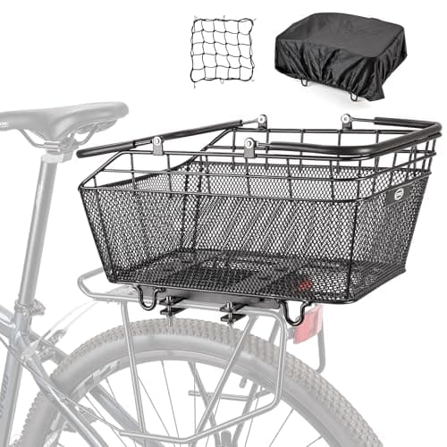 CXWXC Rear Bike Basket with Handle - Quick Release Bicycle Rear Basket with Cargo Net and Waterproof Cover, Wire Bike Baskets Rear Large Capacity (Wire Bike Basket)