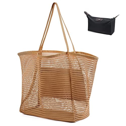 flintronic Mesh Beach Bag, Summer Beach Bag Oversized Ladies Tote Bag Shoulder Bag with Zipper Pockets Mesh Nylon Bag, Perfect for Beach Party Travel Picnic Vacation Shopping - Brown — view 4