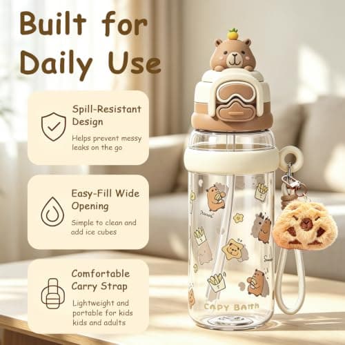 3 PCS SET Capybara Water Bottle, with Cup, Sticker and Pendant, 600 ml, White Plastic Construction, School Hydration Bottle, Outdoor Sports Companion, Capybara Enthusiast Gift, Travel Drinking Cup — view 4