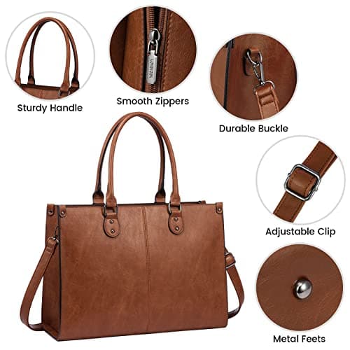LOVEVOOK Laptop Bags for Women,15.6 Inch PU Leather Tote Bag with Wristlet Pouch, Retro Ladies Handbag Shoulder Bag Briefcase for Work School Office Business,Brown — view 6