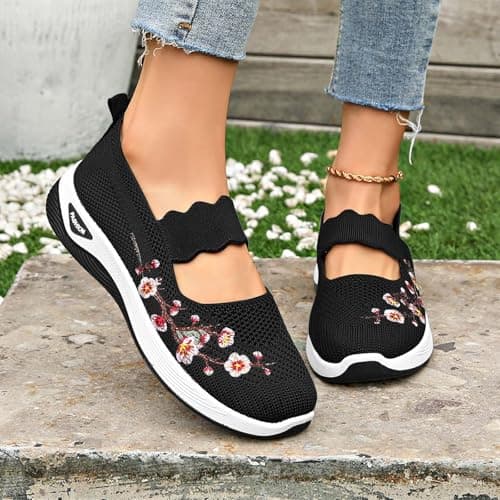 Ladies Running Trainers, Orthopedic Shoes for Women Wide Fit Slip On Walking Loafers Breathable Mesh Non-Slip Shoe Lightweight Arch Support Comfort Flats for Work Travel Casual Sneakers Black — view 2