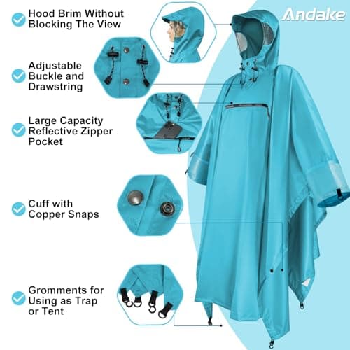 Andake Rain Poncho Waterproof Adult, Lightweight Reusable Raincoat Women Men Unisex with Hood for Hiking, Camping, Outdoor Activities — view 5
