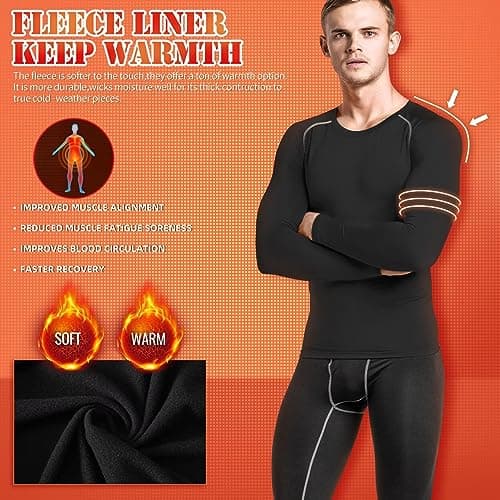 Sillictor Thermal Underwear Mens Long Johns Sets Winter Fleece Lined Top and Bottoms Quick Dry Compression Ski Base Layer Mens Underlayer for Football Cycling Hiking,Sweat Wicking 35 35 Black S — view 3