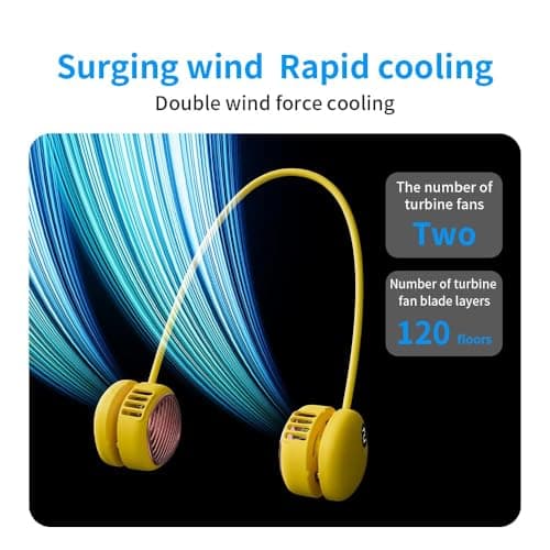 Foluu Rechargeable Neck Fan with 5 Speeds & Digital Display - Portable Hands-Free Personal Fan with 120 Blades Turbine, 360° Flexible Silicone, Ultra-Quiet 40dB - for Travel, Sports, Office (Yellow) — view 5