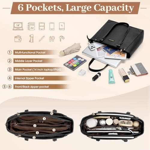 RAINSMORE Handbag for Women Laptop Bag 14 Inch Ladies Large Tote Bag with Zipper Pocket Waterproof PU Leather for Office Business Shopping Travel Black — view 3