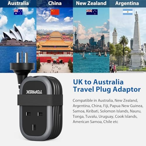 TOPREK UK to Australia Plug Adapter with 1.06M Lead, PD 38W Fast Charger Travel Plug Adaptor with 2 USB-A and 1 USB-C for Australia China New Zealand Fiji Argentina (Type I) — view 5