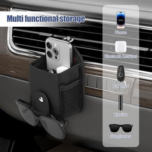 Qirc Car PU Leather Air Vent Pocket, Universal Sunglass Holder Organizer with Clip, Car Interior Storage Bag for Phone, Coin, Key, Card Case, Small Items — view 6