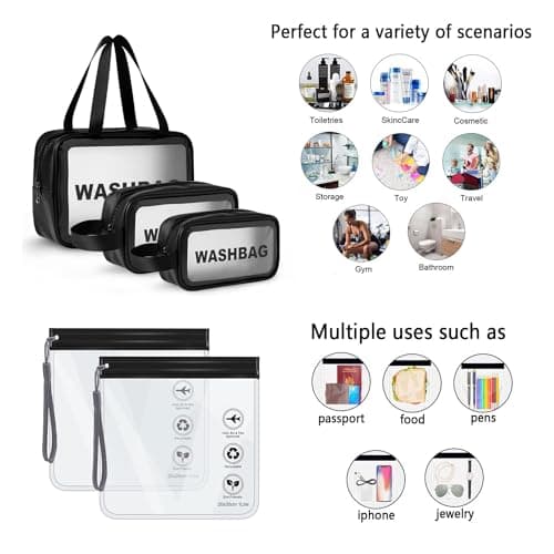 WUBAYI 5Pcs Clear Toiletry Bag, Waterproof PU Makeup Bag with Zipper Handle, Portable Airport Cosmetic Bag for Women & Men, Travel Accessories Wash Bag for Travelling & Holiday (Black) — view 3