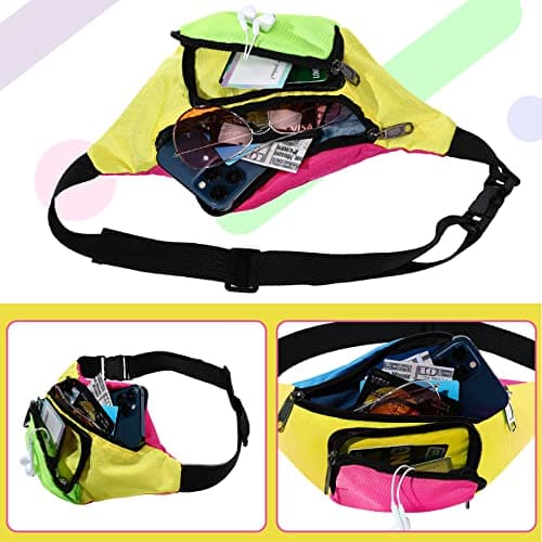 Xuniea 80s 90s Neon Fanny Pack, 2 Pockets Waist Bag, Yellow Bottom — view 4