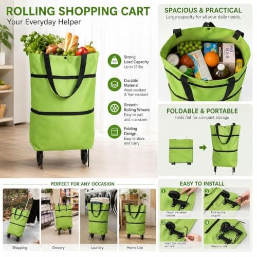 Foldable Shopping Bag with Wheels, 2-in-1 Shopping Trolley & Carry Bag — view 3