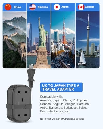 UK to Japan Plug Adapter with 1.5M Extension Cable, FDTEK 2 Way 3 USB Japan Travel Adapter with Retractable USB C Cable for Japan, Panama, Philippines Travel (Type A)-Black — view 3