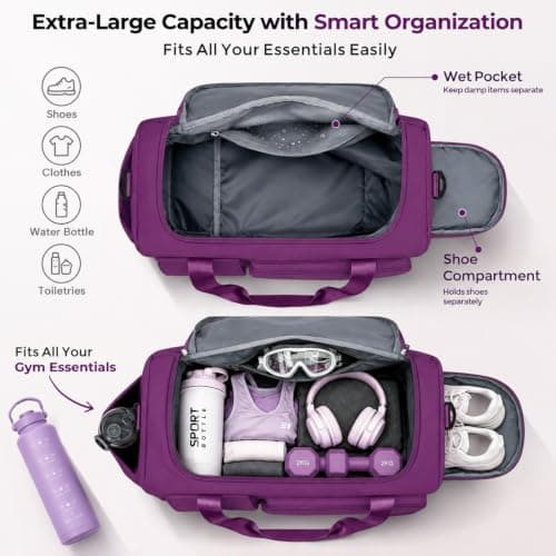 FIORETTO Womens Mens Sports Gym Bag Duffle Bag with Shoes Compartment, Weekend Travel Bag Overnight Bag for Women, Water Resistant Holdall Hospital Bag for Swimming Purple — view 3