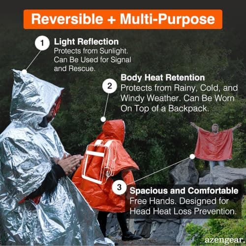 aZengear Emergency Survival Poncho (4pc) Thermal Mylar Foil Coating Blanket for Heat Retention and Rain | Reversible with Hood | Waterproof, Windproof, Portable, Hands-free, Outdoor Kit — view 3