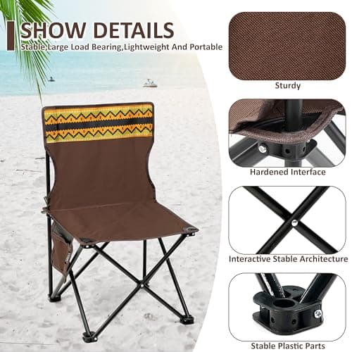 Crystals Folding Camping Chair, Compact, Heavy Duty, Portable, Lightweight & Foldable with Side Pocket, Picnic Chair for Fishing, Garden, Travel - Brown — view 5