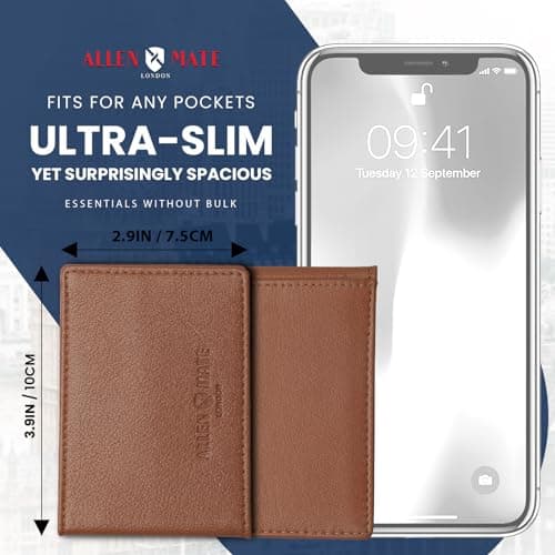 ALLEN & MATE 100% Leather Travel Card Holder - Slim Minimalist Wallet for Travel Bus Pass ID License Oyster Card for Men & Women (Tan Premium) — view 3