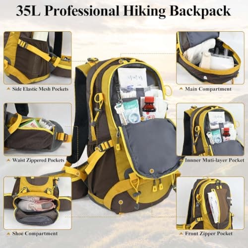 Hiking Backpack 35L,Waterproof Travel Rucksack with Shoe Compartment,Yellow — view 3