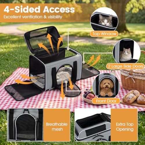 COSTWAY Foldable Pet Carrier with Wheels, Telescopic Handle (Grey) — view 2