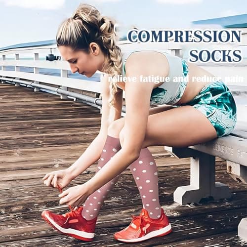 QOWUXHZ 3 Pair Graduated Compression Socks for Men and Women Ideal for Sports, Running, Hiking, Cycling, Travel on Plane, Blue, Beige, Pink — view 5