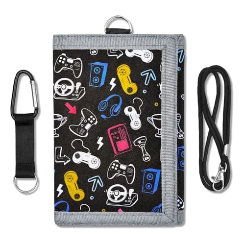 CenviaLuxy Boys Wallet for Teenagers, Trifold Kids Wallet for Boys with Lanyard and Carabiner, Coin Pocket, Card Holder, Keychain Holder, Zipper Kids Purse for Teen Boys Birthday Gifts (Game Console)