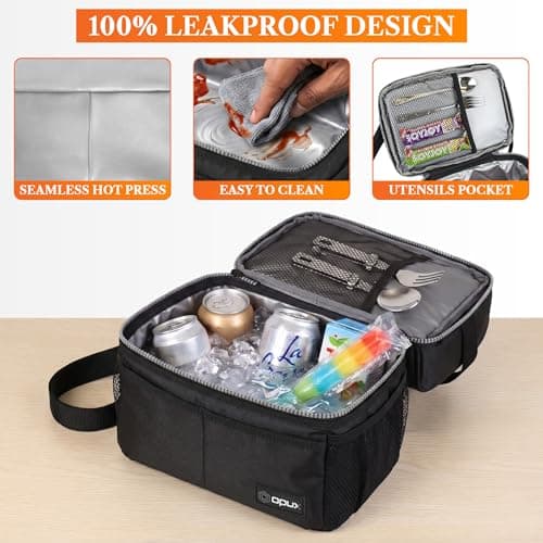 opux Insulated Lunch Bag for Men Women, Double Decker Leakproof, Black — view 4