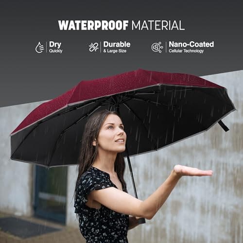 KEPLIN Folding Travel Umbrella Compact with Case (Cabernet), Auto Open & Close Handle, Windproof Strong, Golf 10 Ribs, Folding, Compact Windproof Umbrella — view 2