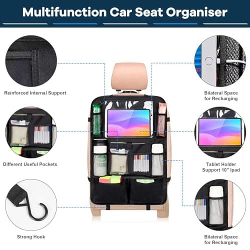 YooGoal Car Seat Organizer, 2 Pack Backseat Car Organizer for Kids, Car Back Seat Protector Car Travel Accessories with Pad Tablet Holder and 9 Storage Pockets, Black — view 3