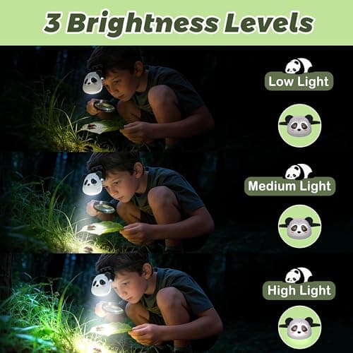 Ammonite Kids Panda Headlamp, USB-C Rechargeable LED Head Light with 3 Modes & Flash, 0-90° Adjustable Beam, Soft Silicone Strap, Flip-Up Hidden Light for Camping Reading — view 6