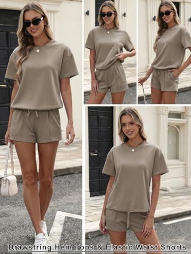 Famulily Ladies Lounge Wear Sets UK Crew Neck 2 Piece Outfits Travel Tracksuits Oversized Tshirts High Waisted Shorts with Pockets (M, Coffee) — view 6
