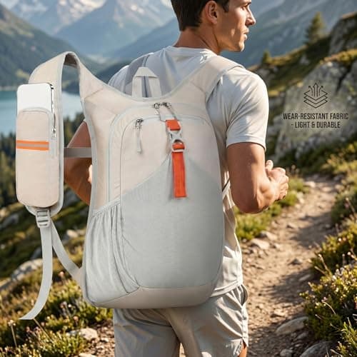 Ameble Ultra-Light Foldable Small Hiking Backpack, Packable Daypack with Multi-Pockets, Lightweight Travel Backpack for Camping, Running, Hiking, Outdoor, Beige (18x5x11 In) — view 3