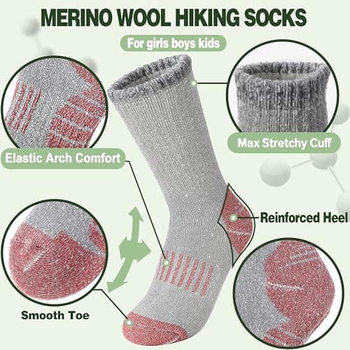 Sandsuced Kids Merino Wool Walking Socks Girls Boys Winter Thermal Warm Cosy Hiking Boot Thick Cushion Gift Stocking Fillers Socks 4 Pairs(Purle/Blue/Red/Grey,4-7 Years) — view 3