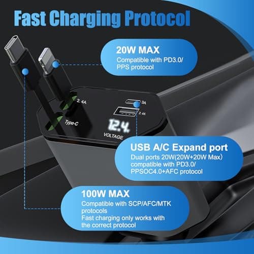 Retractable Car Charger, 4-in-1 Car Phone Charger 120W Fast Charge with 2 Retractable Cables and 2 USB Ports, Dual USB Ports Car Cigarette Lighter Adapter for Phone, Tablets, Multifunctional — view 4