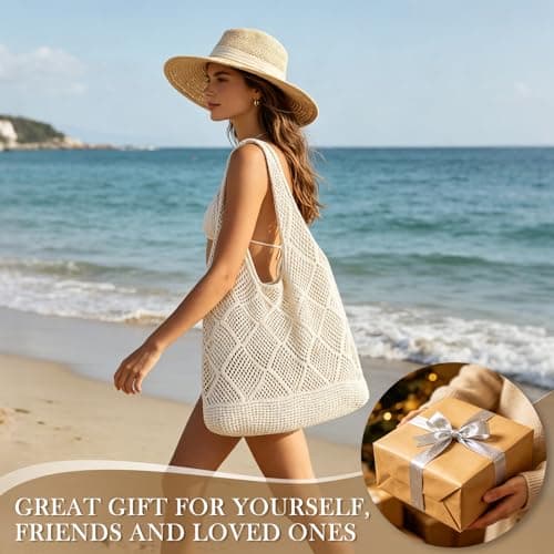 TIECHI Woven Beach Bag - Retro Hollow Crochet Tote Bag for Women, Summer Boho Mesh Beach Bags for Holiday Daily Work Shopping Travel (Beige) — view 5