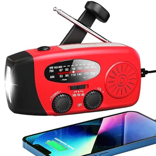 Handsider Wind Up Radio, Solar Emergency FM AM NOAA Portable Radio with SOS Alarm, LED Flashlight, 5000mAh Power Bank USB C Cellphone Charger for Camping Hiking (5000mAh Red)