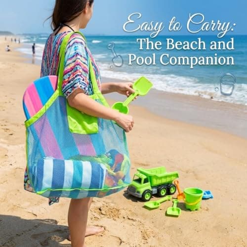 Haoyic Large Mesh Beach Bag, Oxford Cloth and Mesh Net Foldable Organizer with Small Pouch for Family Vacations, Pool and Travel — view 5