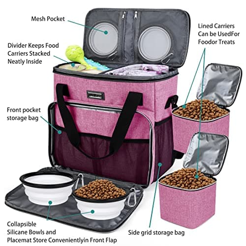 BAGLHER Dog Travel Bag, Pet Travel Bag (ALL Pet Travel Supplies), With 2 Pet Food Containers and 2 Collapsible Silicone Bowls; Essential Kits for Pet Travel Pink — view 5