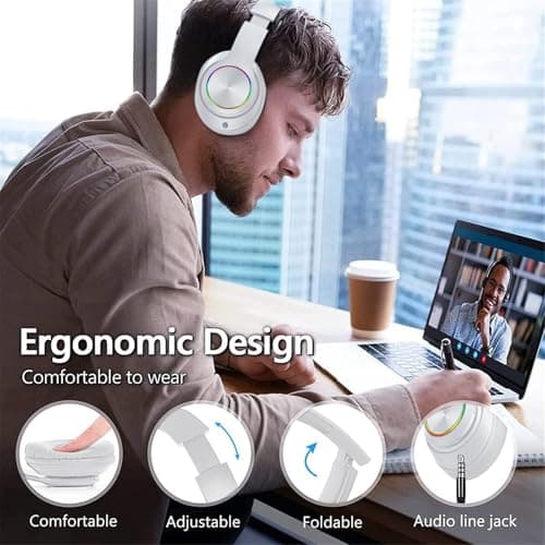 STFMHEZ Bluetooth Headphones Over Ear, Foldable Wireless Headset, Lightweight Headphones with Built-in Noise Reduction Microphone, FM, SD/TF for Online Class, Office, PC, Phone (White) — view 2